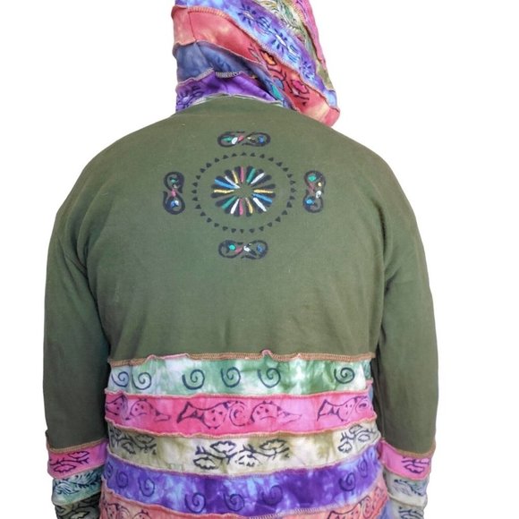 90s Boho Hippie Zipup Jacket Hooded Patchwork Green Handpainted Sun Large - Picture 7 of 15